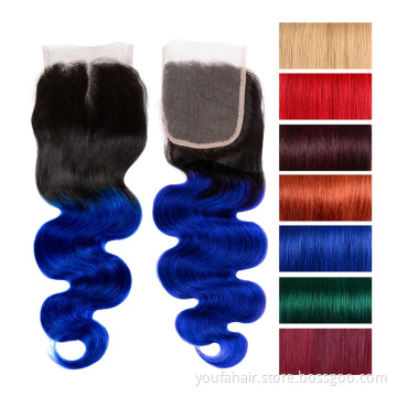 Ombre Pre Colored Brazilian Body Wave Curly 4x4 Lace Frontal Closure, 100% Human Virgin Hair Bundles 1b/blue Swiss Lace Closures